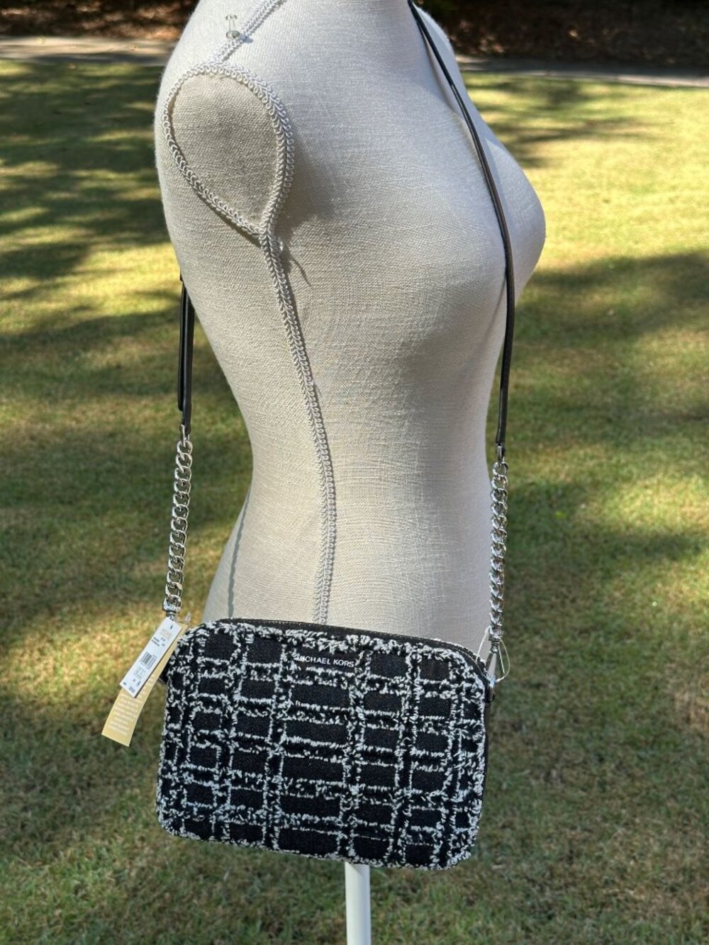Michael Kors Frayed Black Denim Jet Set Medium Camera Crossbody Bag 32S4SJ6M2C